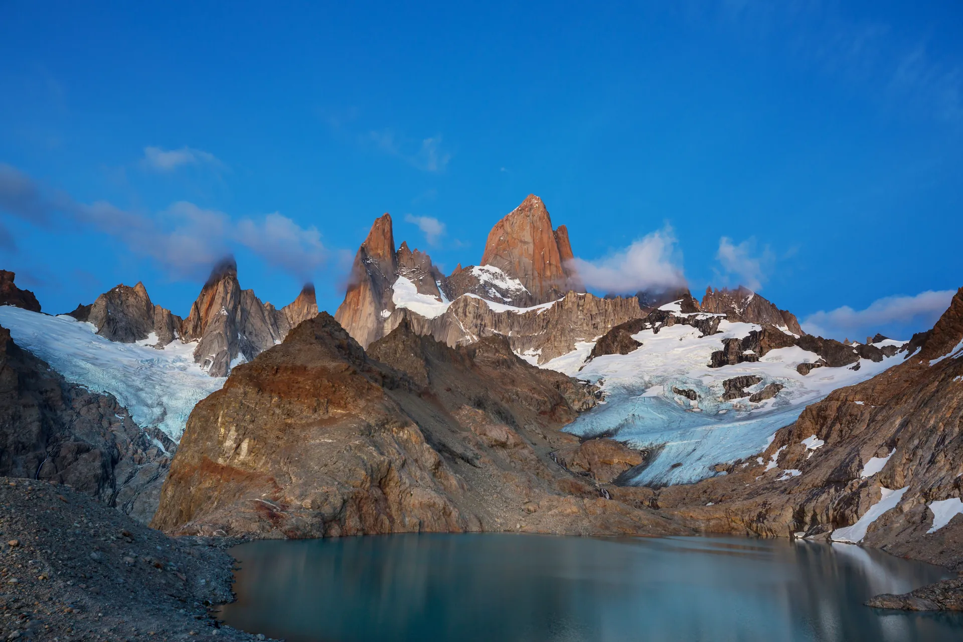 The granite spires of Mount Fitz Roy above a glacier lake near El Chaltén, Patagonia, Argentina