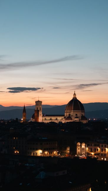 Scenic view of Florence skyline at sunset showcasing the iconic Florence Cathedral dome.