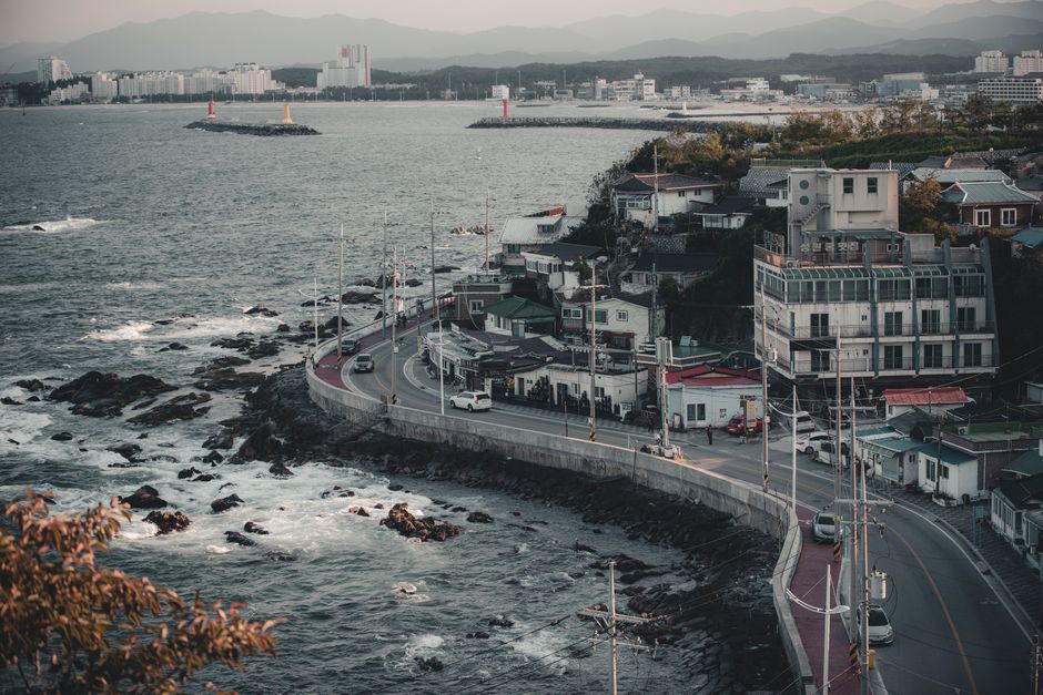 Aerial view of the picturesque coastal road in Gangneung, South Korea.