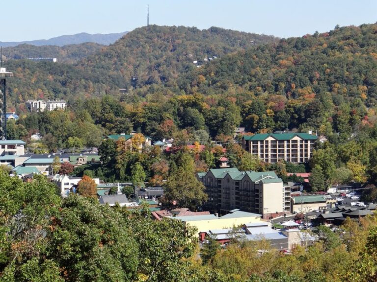 Aerial view of Gatlinburg, Tennessee showcasing green rooftops amid lush autumn foliage.