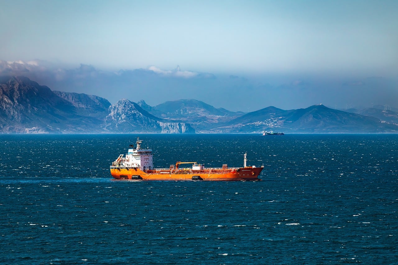 Ship, sea, water, sight, transport, cargo ship, tanker, oil, mountains, nature, gibraltar, coastline, strait, Gibraltar