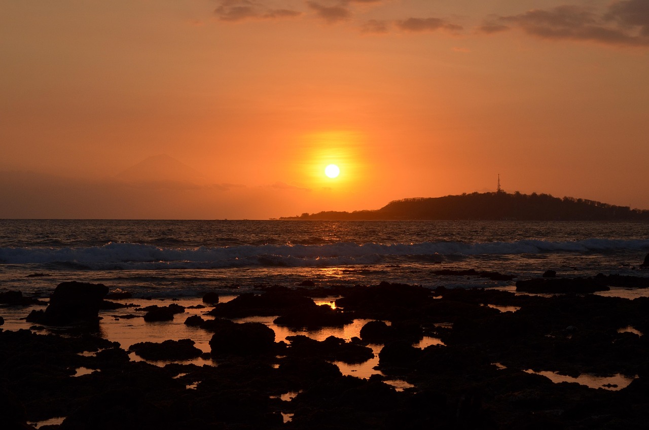 Indonesia, bali, gili air, island, water, beach, sea, tropical, nature, travel, to travel, asia, ocean, landscape, sunset, coast, heaven, red, orange, reflection, rock, horizon, clouds, light, volcano