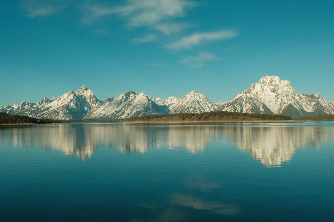 Tetons, wyoming, reflections, morning, nature, jackson lake, lake, water, calm, serene, landscape, mountains, grand teton national park, usa, blue sky, tranquility, natural beauty, panorama, pristinen