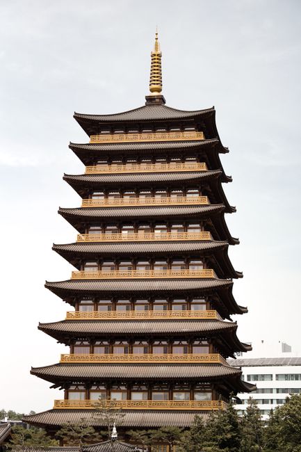 A majestic view of the reconstructed pagoda at Hwangnyongsa Temple Site, Gyeongju, South Korea.