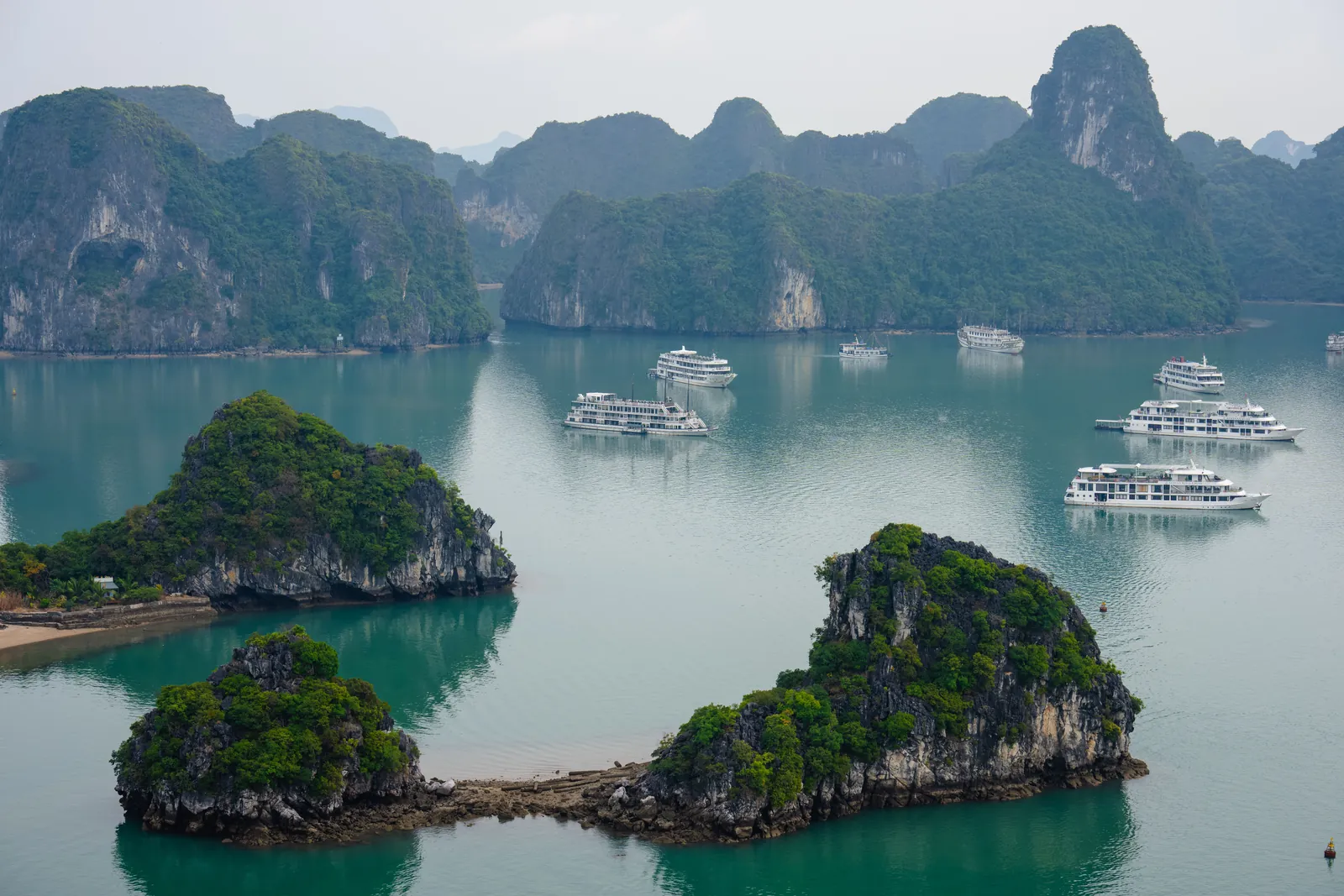Aerial view of cruise boats among the islands of Ha Long Bay, Vietnam