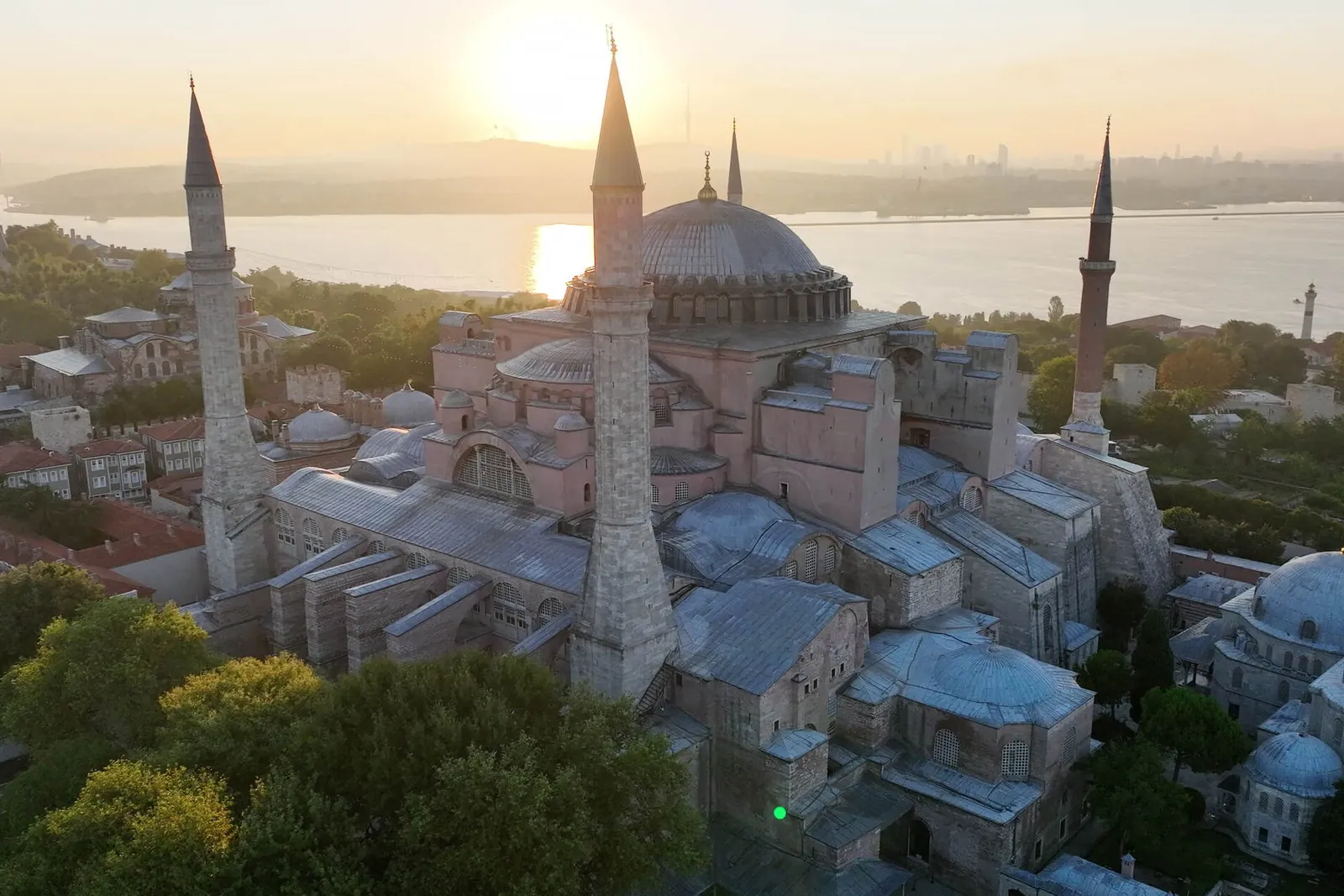 Aerial view of Sultanahmet with the Blue Mosque and Hagia Sophia at sunrise