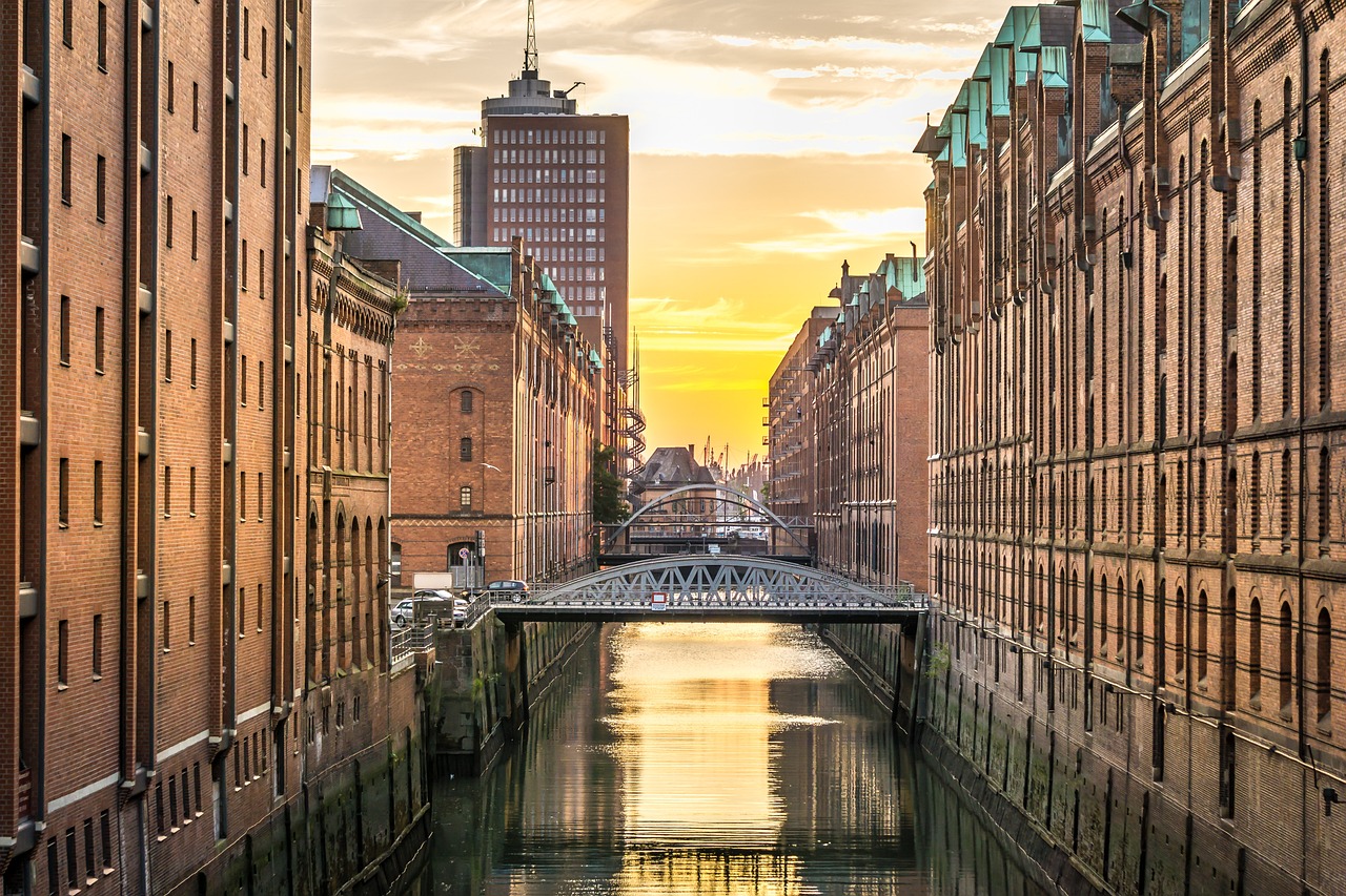 Hamburg, speicherstadt, channel, warehouse, germany, architecture, waterway, bridge, nature, sunset, river, mirroring, afterglow