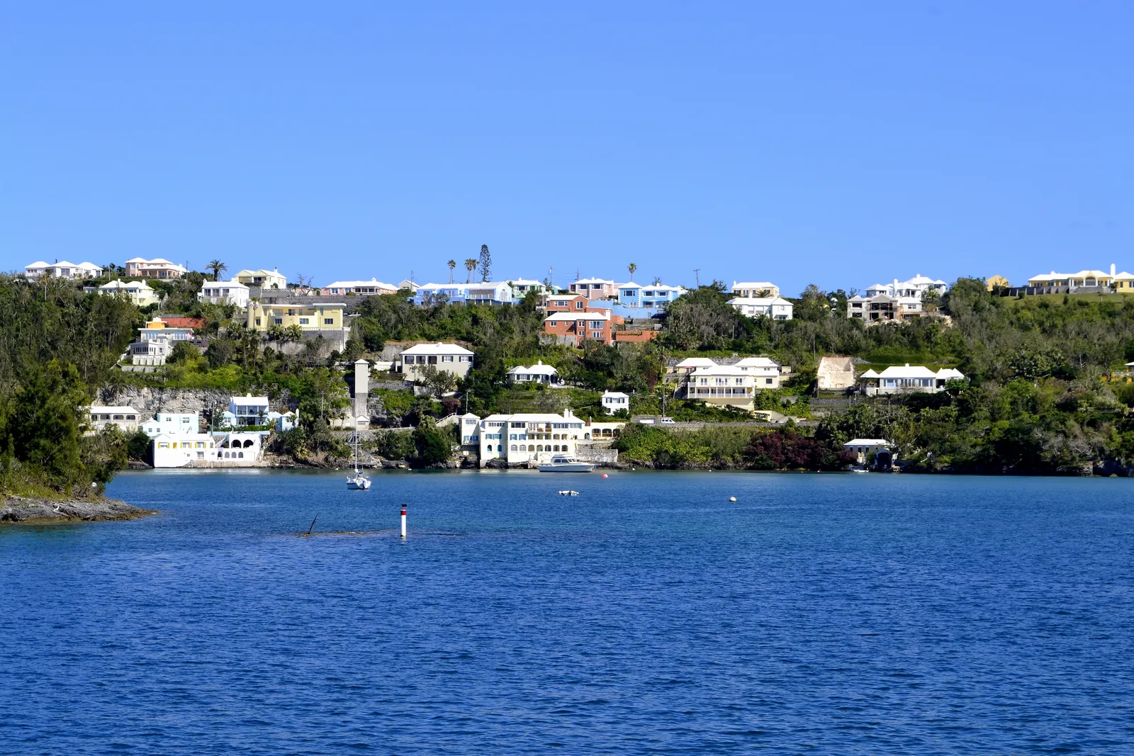 Colorful pastel buildings in the port town of Hamilton on the island of Bermuda