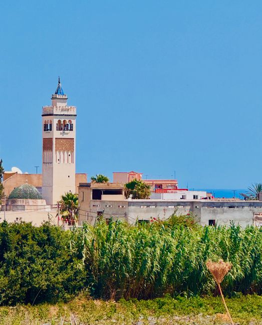 Scenic view of a Tunisian town with a prominent mosque minaret against a clear blue sky.