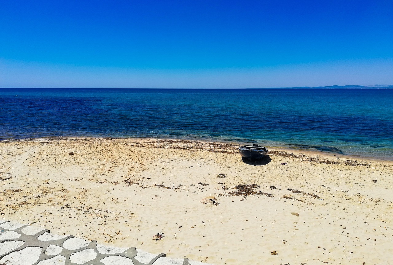 Summer, tunisia, hammamet, boat, beach, sea, blue, nature, seascape, calm