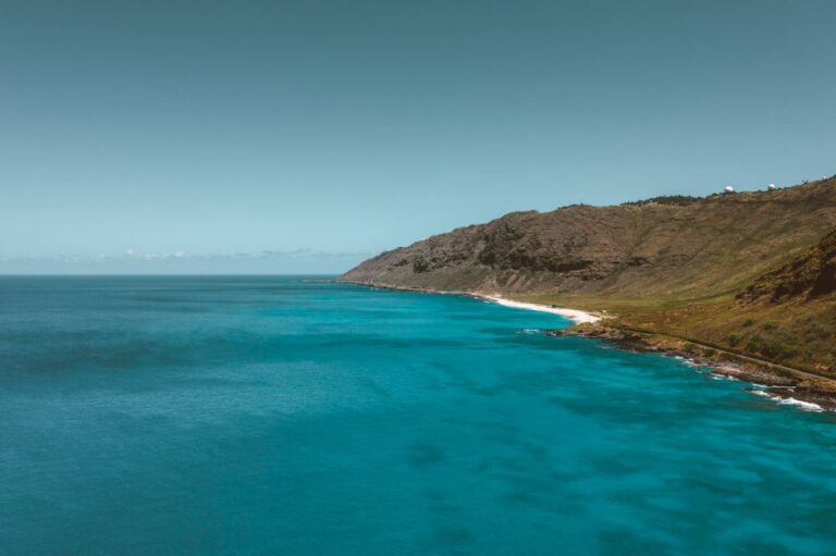 Stunning aerial view of the Oahu coast with clear blue waters and rugged cliffs.
