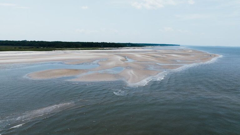 Scenic aerial view of tidal flats and coastline at Hilton Head Island, South Carolina.