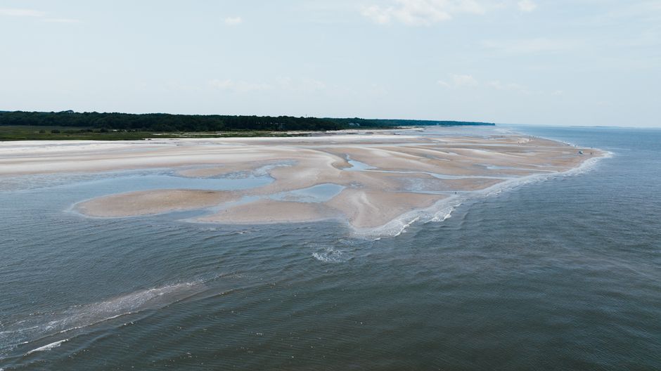 Scenic aerial view of tidal flats and coastline at Hilton Head Island, South Carolina.