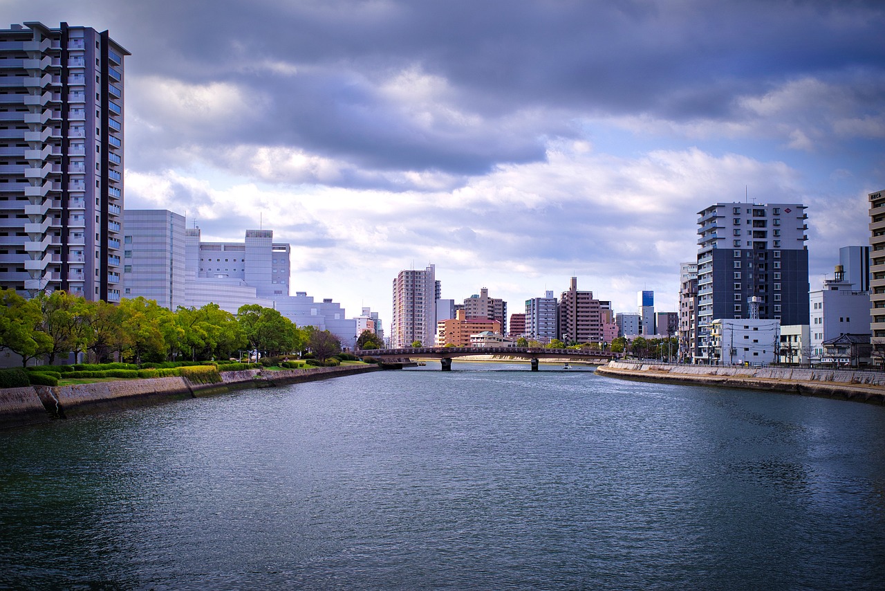 City, nature, buildings, river, water, bridge, urban, modern buildings, skyscrapers, skyline, hiroshima, japan