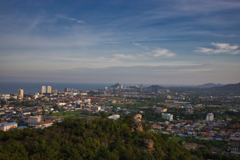 Panoramic aerial view of Hua Hin, Thailand with cityscape and ocean in the distance.