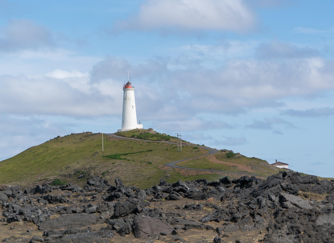 Lighthouse, reykjanesvit, iceland, cliff, landscape, nature, landmark, outdoors, tourism, countryside, historic, famous, mountain, travel, clouds