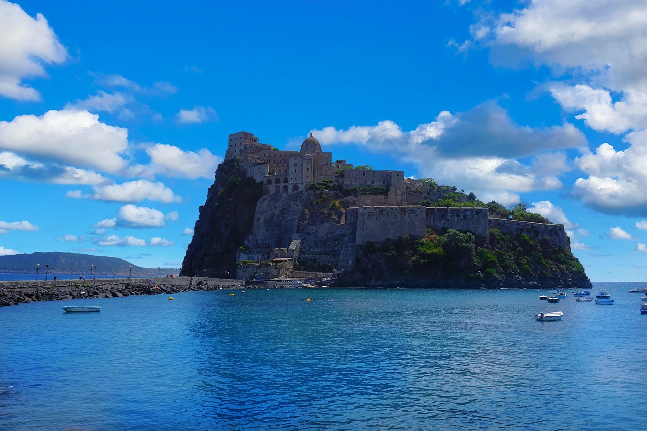 Aragonese castle, castle, sea, medieval castle, middle ages, nature, ancient, old, ruins, historic, historical, fortress, landmark, boats, tourism, coast, bay, ocean, water, aragonese, ischia, italy,