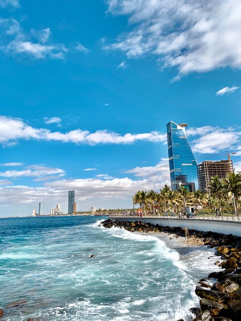 Vibrant urban landscape of Jeddah's coastline. Captivating cityscape with striking architecture.