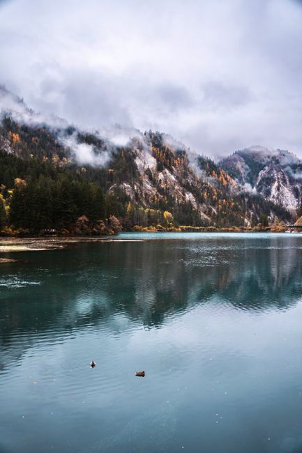 Tranquil landscape of a lake reflecting mountains and trees in Sichuan, China.