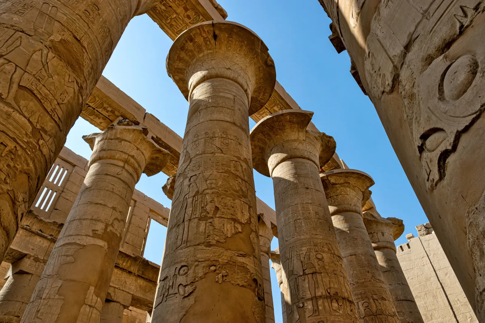 The giant carved columns of the Hypostyle Hall at Karnak, Luxor, Egypt