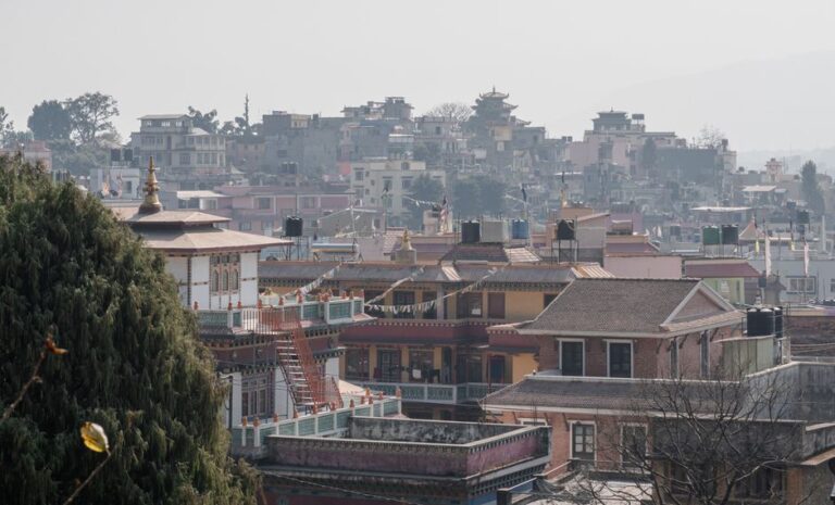 A stunning view of Kathmandu's unique architectural skyline during the day.