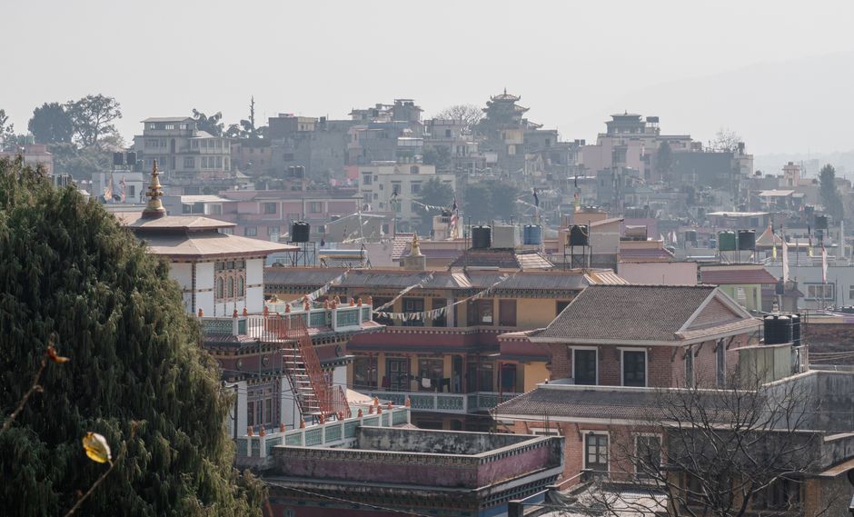 A stunning view of Kathmandu's unique architectural skyline during the day.