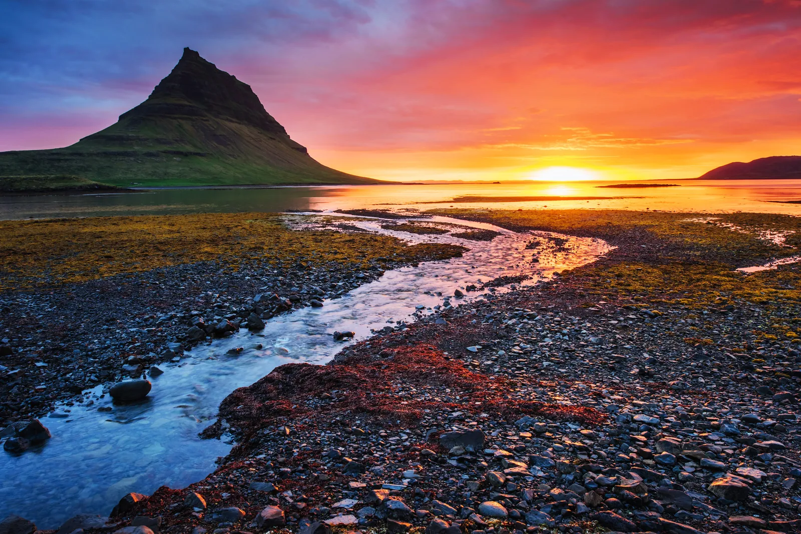 Kirkjufell mountain and waterfalls at sunset