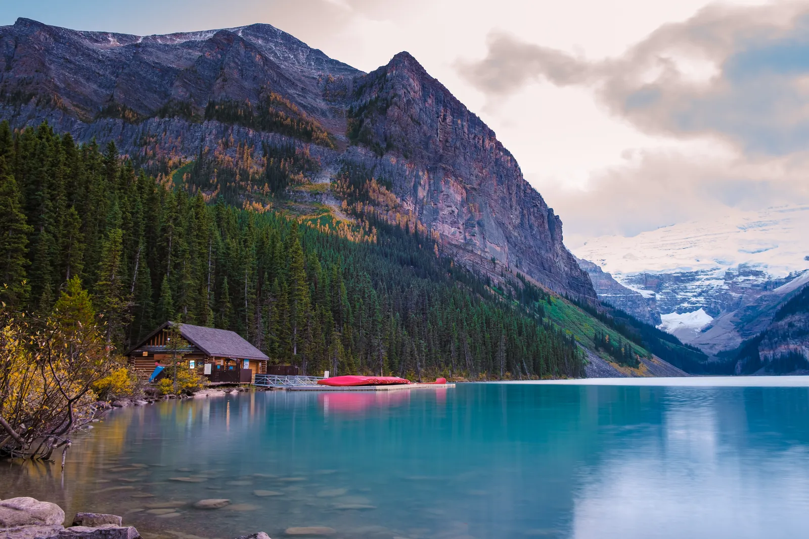 Turquoise Lake Louise beneath the Canadian Rockies in autumn, Banff National Park
