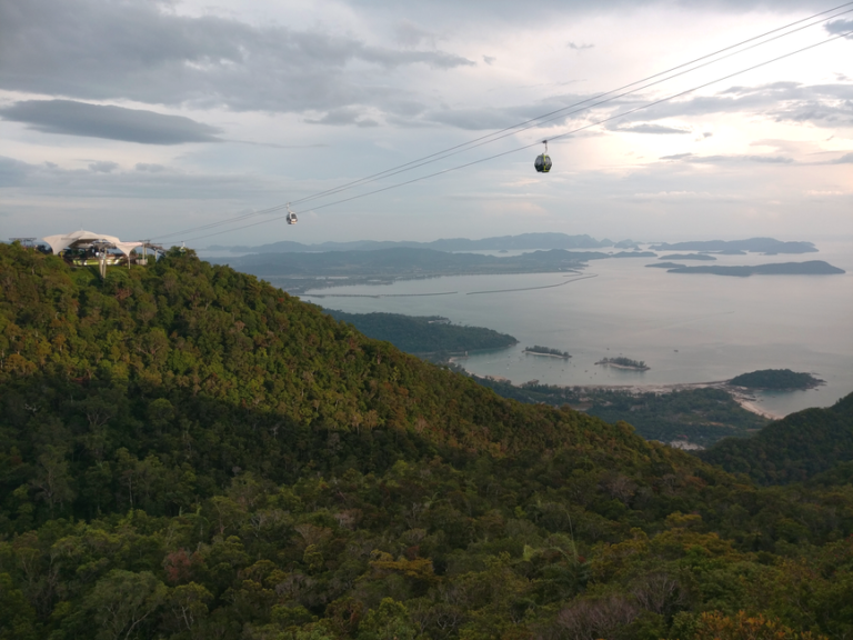 Breathtaking aerial view of Langkawi's cable car with lush forests and serene coastline.