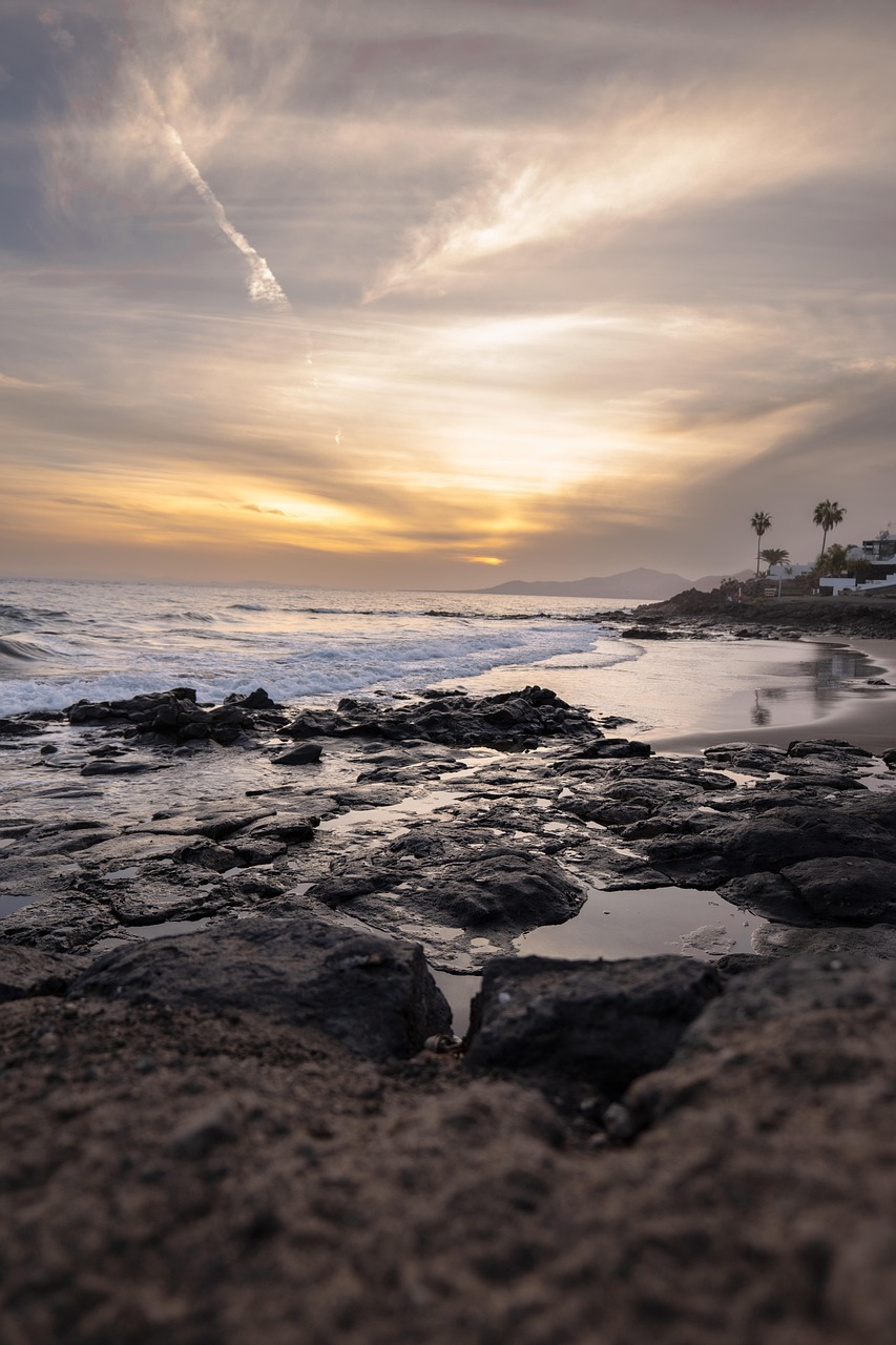 Beach, sand, coast, spain, canary islands, lanzarote, foot, sunrise, waves, sea, horizon, clouds, sunset, rocks, nature