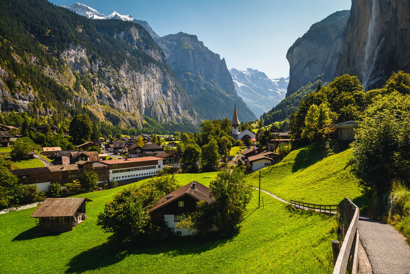 Lauterbrunnen village and valley seen from the hiking trail