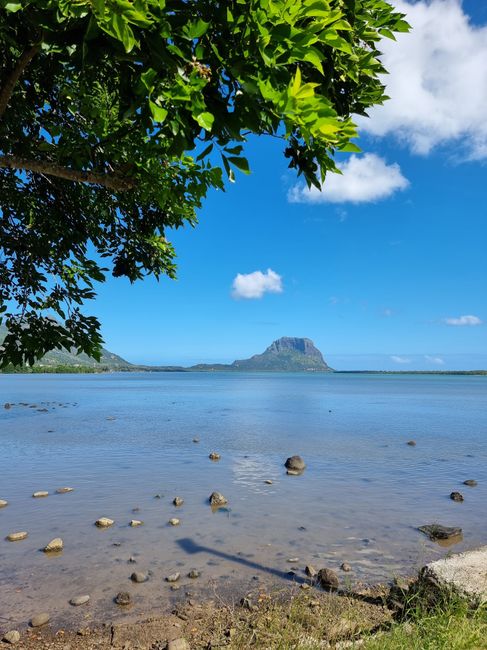 Tranquil coastal scene featuring Le Morne Brabant under a clear blue sky.