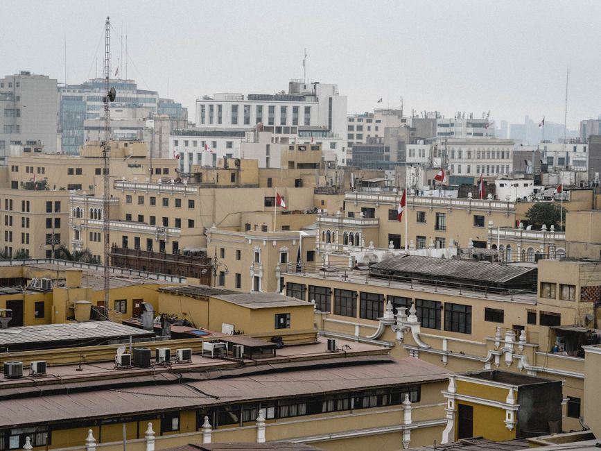 Aerial view of the historic urban landscape in Lima, Peru, showcasing classic architectural styles.