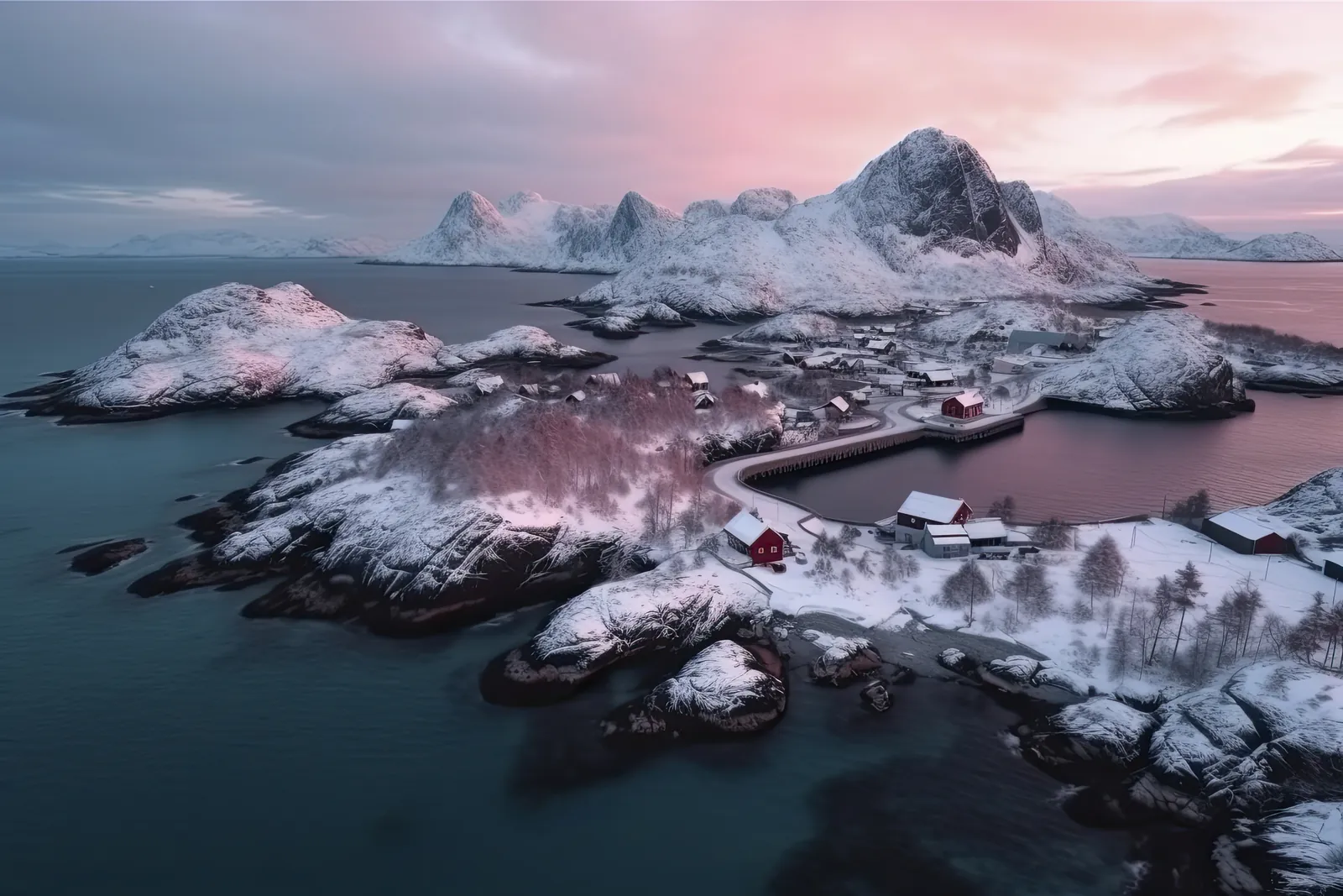 Aerial view of the Lofoten Islands in winter at sunset