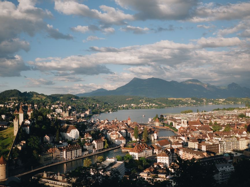 A breathtaking aerial view of Luzern, Switzerland, showcasing its urban and natural beauty.
