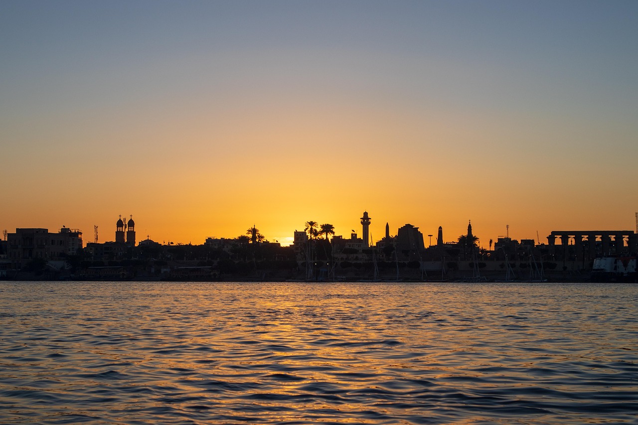 Luxor, sunrise, egypt, city, skyline, temple, water, nature, nile, river, shadows