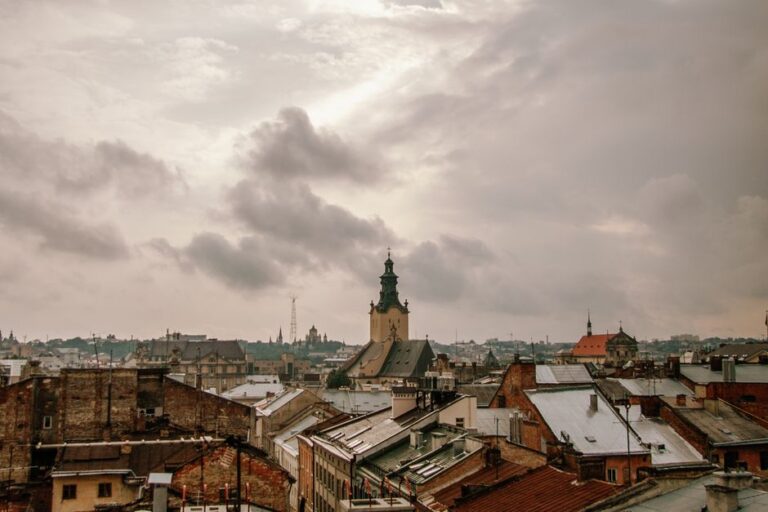 A captivating aerial view of the historic city of Lviv, Ukraine, showcasing its charming architecture and dramatic skies.