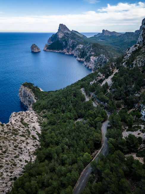 A breathtaking aerial shot of the rocky coastline and lush forests in Mallorca, Spain.