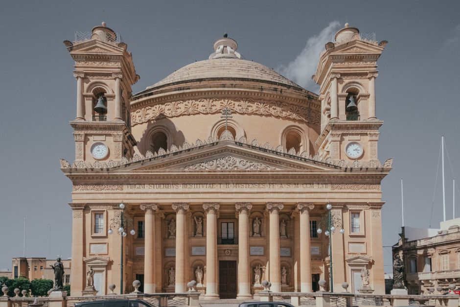 Front view of the Rotunda of Mosta, a stunning architectural landmark in Malta.