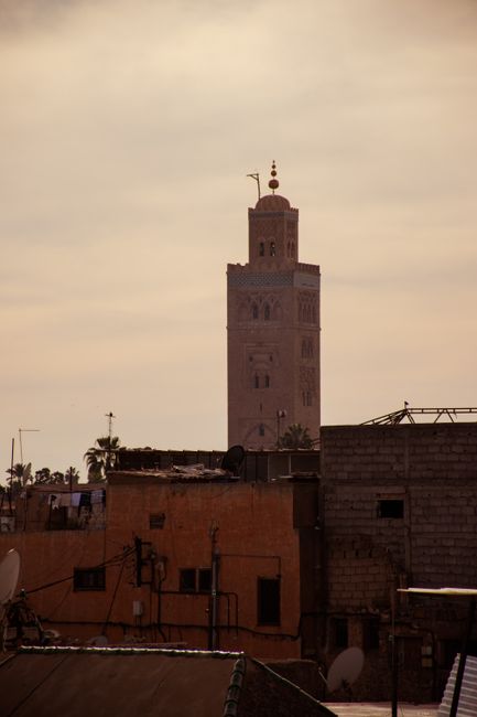 A view of the Koutoubia Mosque tower in Marrakech, showcasing traditional architecture.