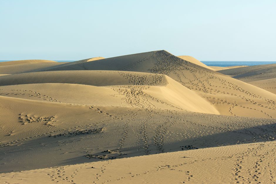 Vast sand dunes of Maspalomas with visible footsteps under bright summer sunlight.