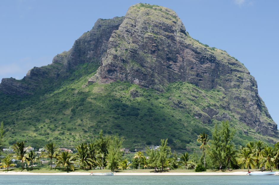 Breathtaking view of Le Morne Brabant mountain and beach in Mauritius. Ideal travel destination.