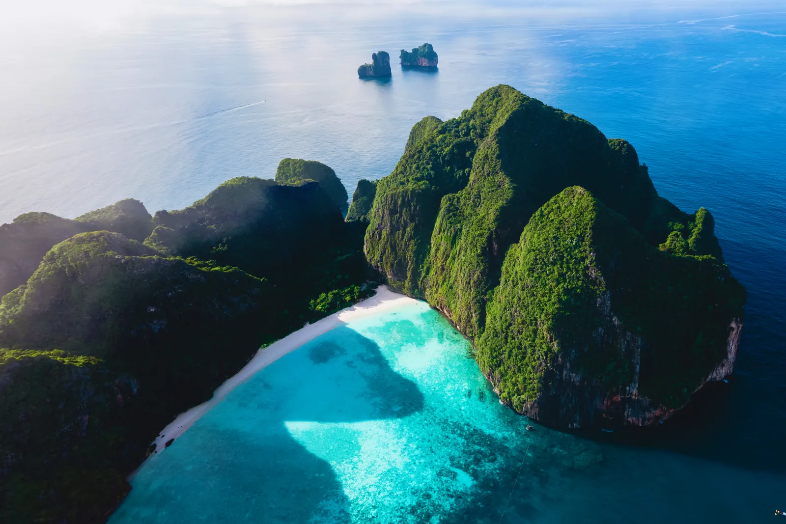 Turquoise water of Maya Bay seen from above, Koh Phi Phi, Thailand