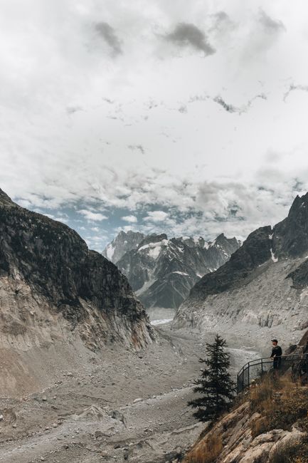 Breathtaking landscape of Mer de Glace glacier in the French Alps surrounded by rugged mountains.