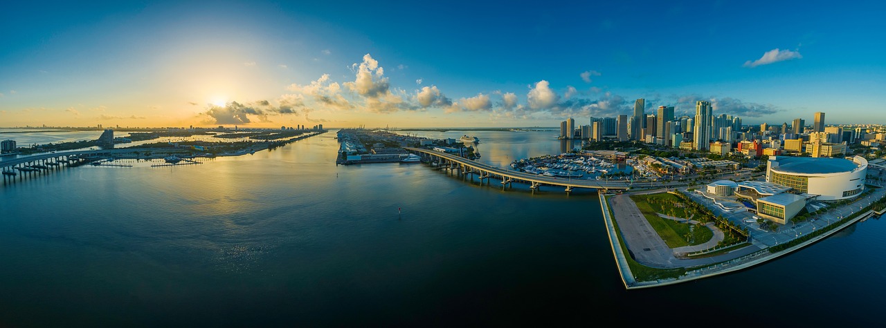 Panorama, miami, city, skyline, buildings, structures, nature, infrastructures, cityscape, panoramic, waterfront, florida, water, usa, architecture, america, sunset, urban, travel, ocean, dusk, famous