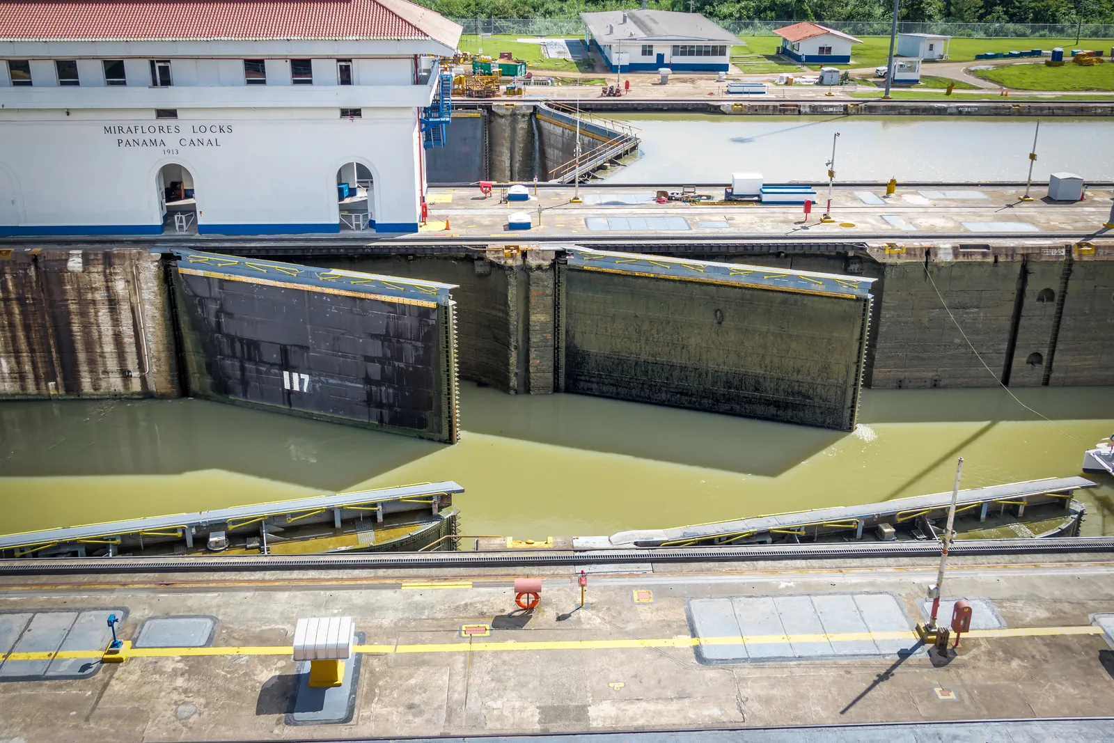 The lock gates opening at Miraflores, the Pacific entrance to the Panama Canal