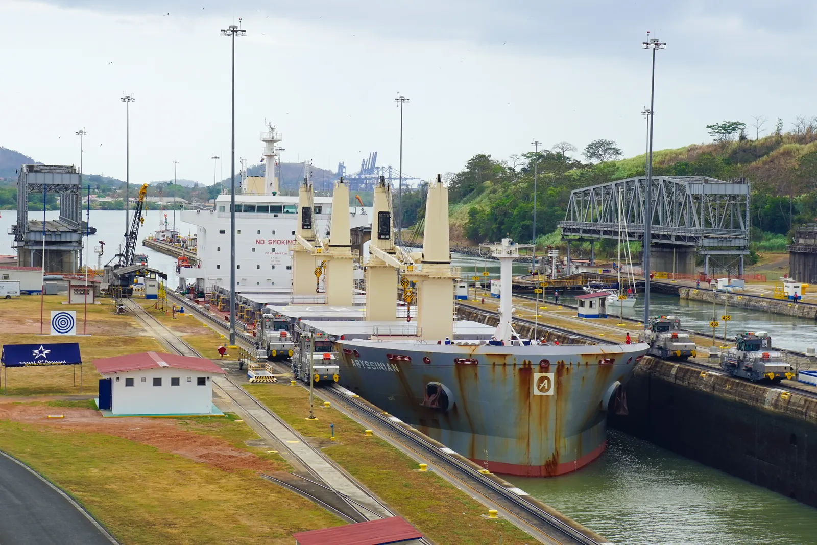 A ship passing through the Miraflores Locks of the Panama Canal