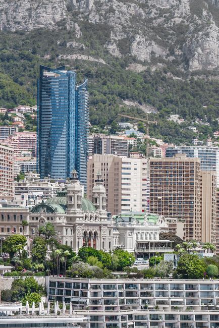 Beautiful panorama of Monaco showcasing famous architecture with mountainous backdrop.