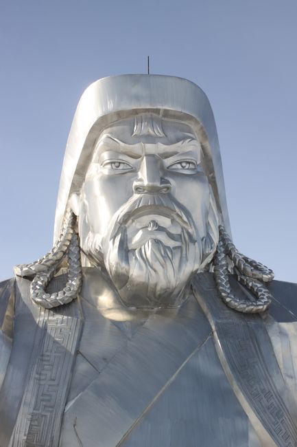 Close-up view of the iconic Genghis Khan statue in Mongolia, a symbol of Mongolian history.