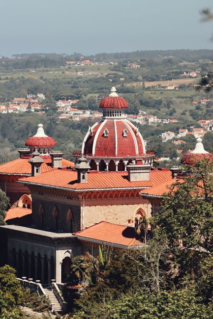 A beautiful view of the Palace of Monserrate in Sintra, showcasing its iconic architecture.